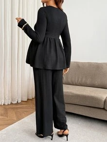 SHEIN Setelan Hamil Atasan dan Celana 2 Potong Warna Polos untuk Pemotretan Musim Gugur, Hitam Kasual Elegan dan Chic - Hitam - View 3