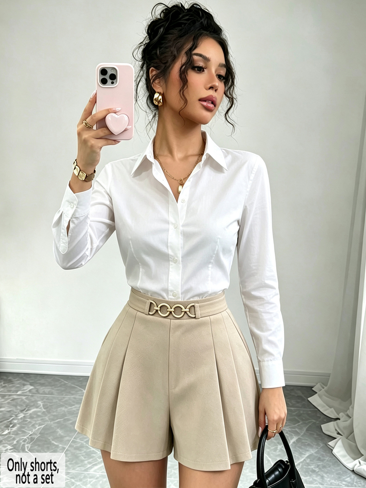 Elenzga Celana Pendek Wanita Terbaru, Katun Murni, Berlipit, Model A-Line, Rantai Logam di Belakang Pinggang, Elastis, Pelangsing, Pinggang Sedang, Celana Pendek Serbaguna, Nyaman, Elegan untuk Sehari-hari - Khaki - View 3