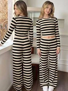 SHEIN 青少年女孩抓皺條紋抓絨時尚簡約休閒長袖褲裝套裝 秋冬穿搭 萬聖節/聖誕派對 - 彩色 - 查看 5