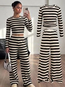SHEIN 青少年女孩抓皺條紋抓絨時尚簡約休閒長袖褲裝套裝 秋冬穿搭 萬聖節/聖誕派對 - 彩色 - 查看 4