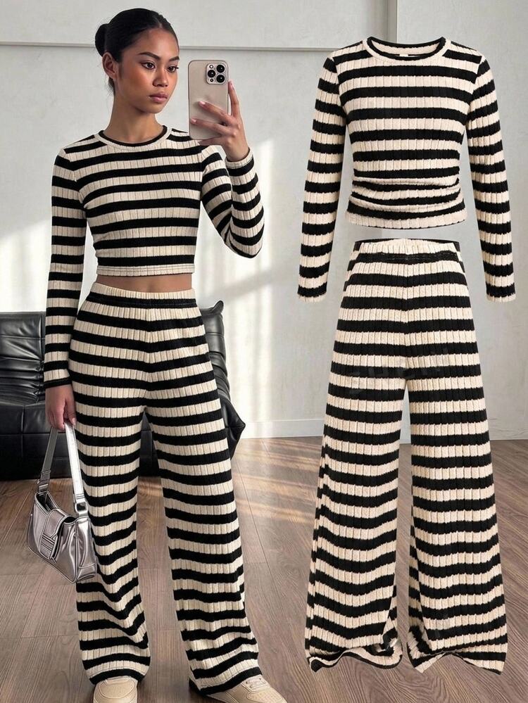 SHEIN Tween Girls Fleece Striped Fashion Ruched Minimalist Casual Long Sleeve Pants Set Fall/Winter Outfits Halloween/Christmas Party - Multicolor - View 4