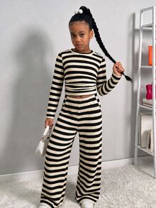 SHEIN 青少年女孩抓皺條紋抓絨時尚簡約休閒長袖褲裝套裝 秋冬穿搭 萬聖節/聖誕派對 - 彩色 - 查看 7