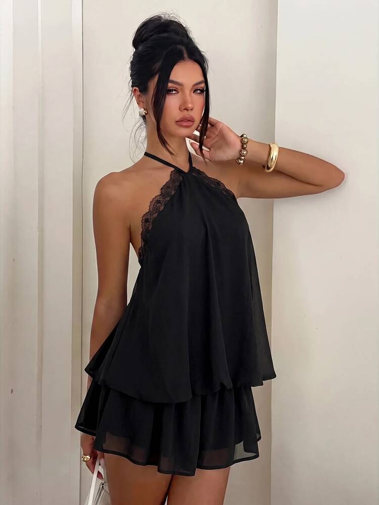 Aloruh Women's Elegant Black Halter Neck Tie Mini Dress, Suitable For Dating And Vacation - Black - View 6