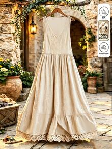 EMERY ROSE Women's Solid Color V-Neck Sleeveless Midi Casual Dress, Summer - Apricot - View 1