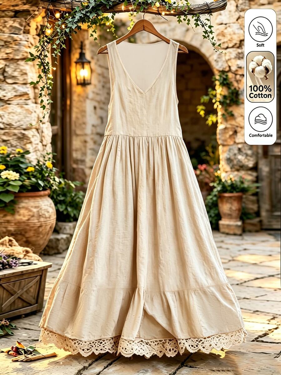 EMERY ROSE Women's Solid Color V-Neck Sleeveless Midi Casual Dress, Summer - Apricot - View 1