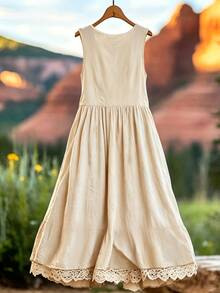 EMERY ROSE Women's Solid Color V-Neck Sleeveless Midi Casual Dress, Summer - Apricot - View 2