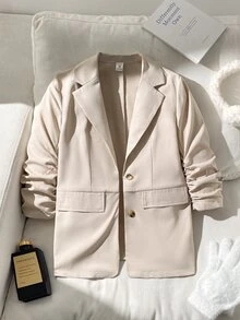 SHEIN Tween Girls Elegant Casual Kids Fashion Blue And White Striped Linen Shawl Collar Ruched Three- Sleeve Blazer Autumn Jacket Striped Blazer Jacket - Apricot - View 7