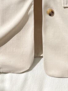 SHEIN Tween Girls Elegant Casual Kids Fashion Blue And White Striped Linen Shawl Collar Ruched Three- Sleeve Blazer Autumn Jacket Striped Blazer Jacket - Apricot - View 3