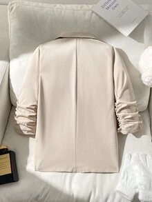SHEIN Tween Girls Elegant Casual Kids Fashion Blue And White Striped Linen Shawl Collar Ruched Three- Sleeve Blazer Autumn Jacket Striped Blazer Jacket - Apricot - View 2