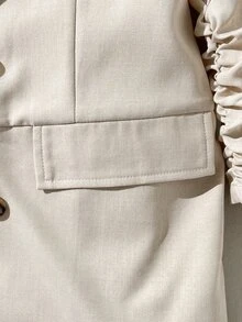 SHEIN Tween Girls Elegant Casual Kids Fashion Blue And White Striped Linen Shawl Collar Ruched Three- Sleeve Blazer Autumn Jacket Striped Blazer Jacket - Apricot - View 4
