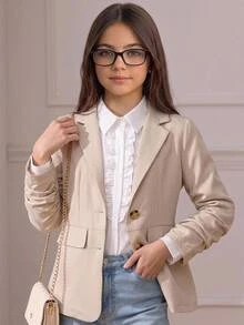 SHEIN Tween Girls Elegant Casual Kids Fashion Blue And White Striped Linen Shawl Collar Ruched Three- Sleeve Blazer Autumn Jacket Striped Blazer Jacket - Apricot - View 6