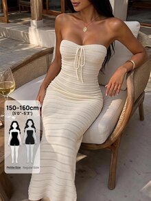 SHEIN PETITE 手工鉤編浪漫度假風修身抹胸女裝洋裝，春夏秋冬四季適用，秋冬約會穿搭、假日穿搭，休閒優雅日常穿著 - 杏色 - 查看 3