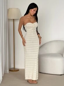 SHEIN PETITE 手工鉤編浪漫度假風修身抹胸女裝洋裝，春夏秋冬四季適用，秋冬約會穿搭、假日穿搭，休閒優雅日常穿著 - 杏色 - 查看 5