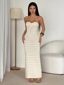 SHEIN PETITE 手工鉤編浪漫度假風修身抹胸女裝洋裝，春夏秋冬四季適用，秋冬約會穿搭、假日穿搭，休閒優雅日常穿著 - 杏色 - 查看 7