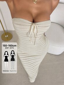 SHEIN PETITE 手工鉤編浪漫度假風修身抹胸女裝洋裝，春夏秋冬四季適用，秋冬約會穿搭、假日穿搭，休閒優雅日常穿著 - 杏色 - 查看 1