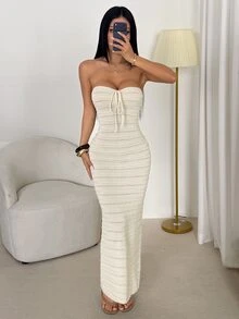 SHEIN PETITE 手工鉤編浪漫度假風修身抹胸女裝洋裝，春夏秋冬四季適用，秋冬約會穿搭、假日穿搭，休閒優雅日常穿著 - 杏色 - 查看 6