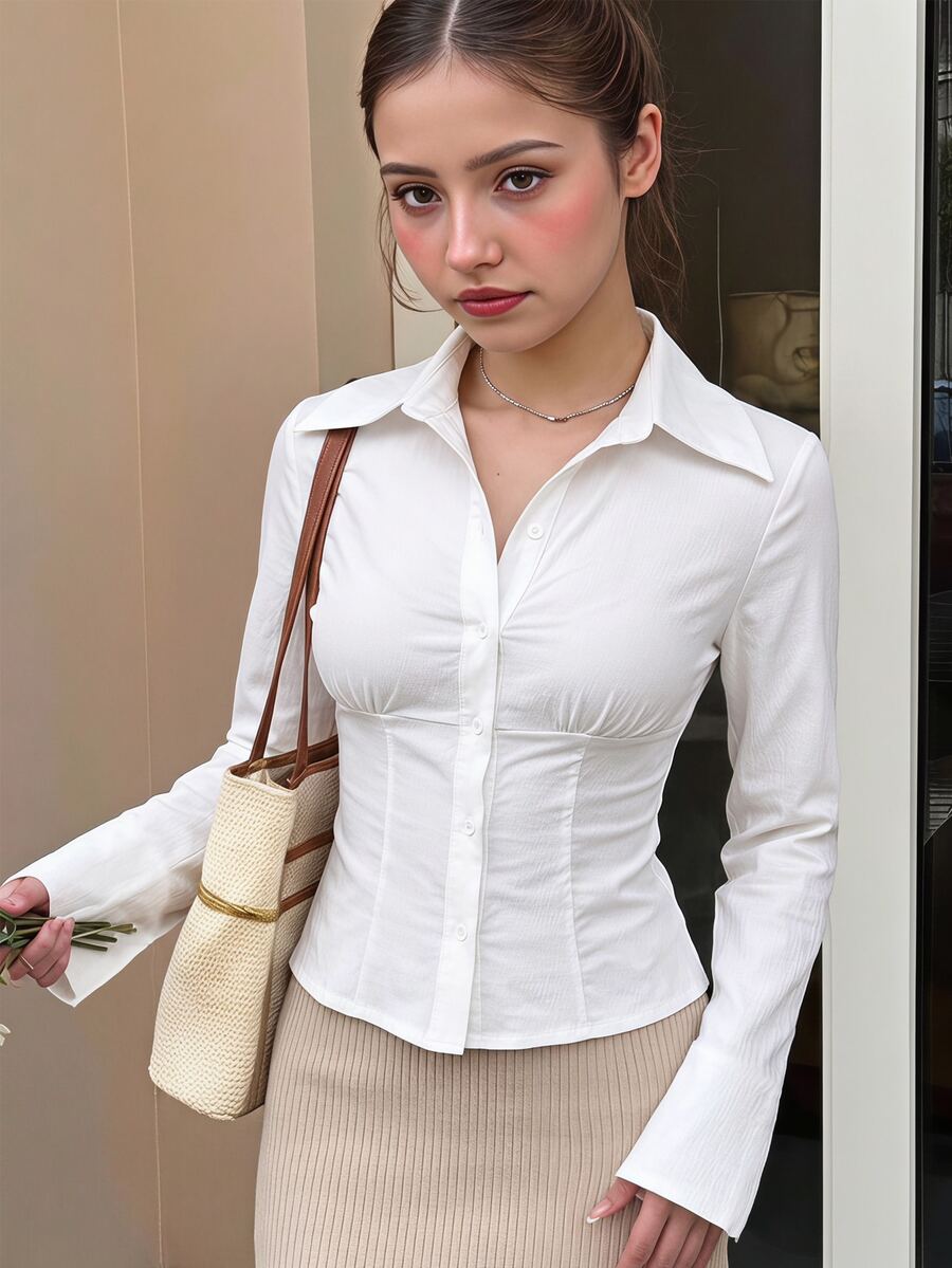 青少年女孩秋季優雅通勤風 Ins 高智感學院風翻領修身短款長袖白色襯衫 - 白色 - 查看 1