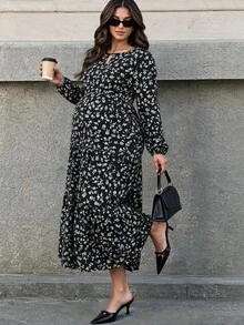 MaterniWear Maternity Casual Ditsy Floral Dress For Autumn - Black and White - View 1