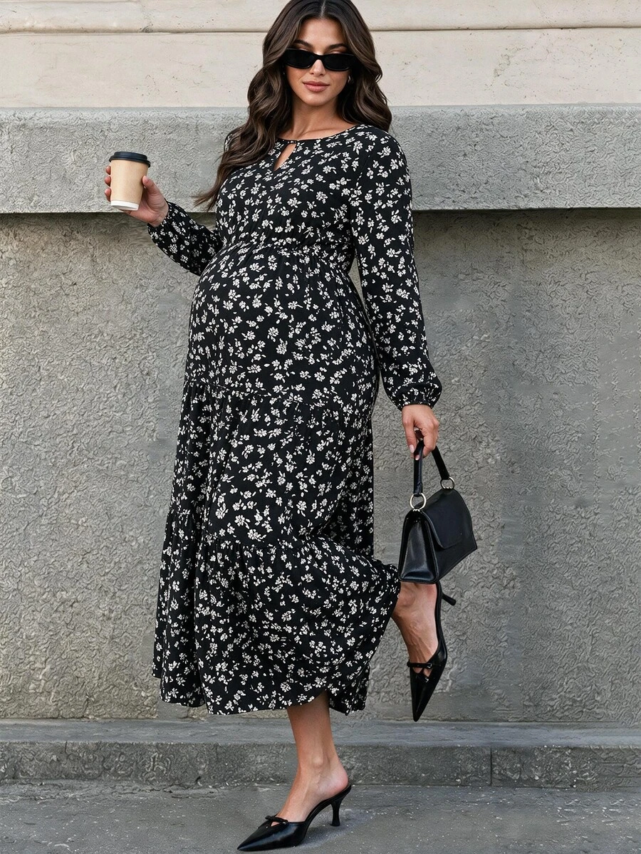 MaterniWear Maternity Casual Ditsy Floral Dress For Autumn - Black and White - View 1