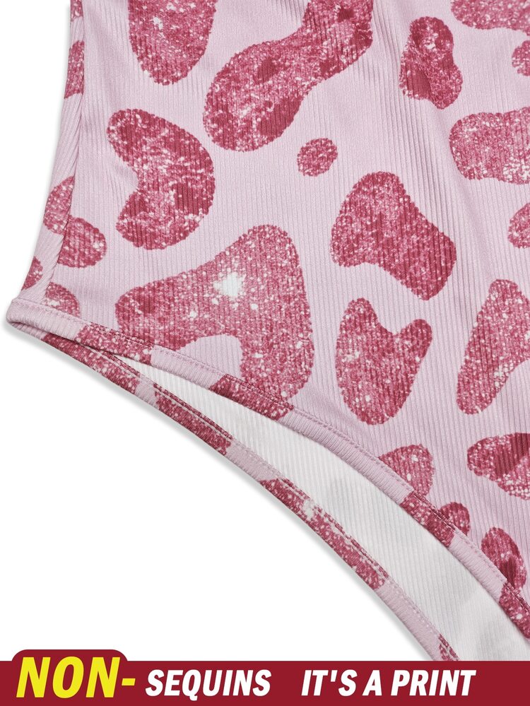 Rovax Women's Spaghetti Strap Leopard Print Bodysuit, Sexy Sleeveless Fitted Digital Printed Bodysuit Gym Club Pink Leopard Print Summer - Multicolor - View 4