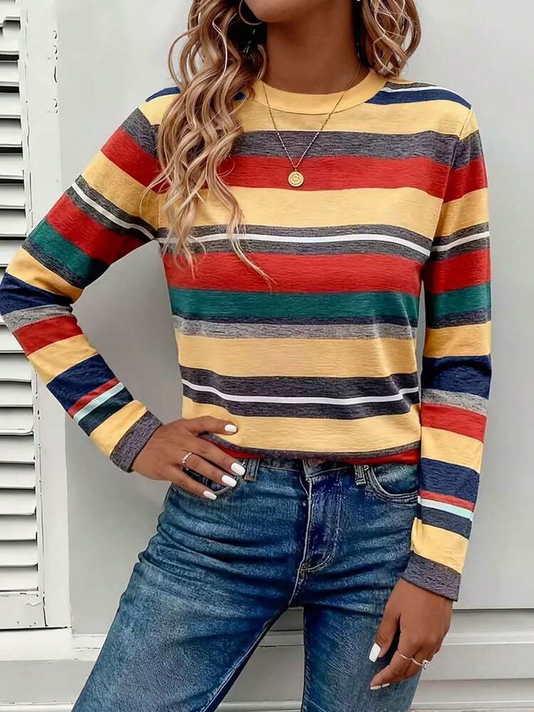 Lalippa Women's New Spring/Autumn Fashion Round Neck Digital Stripe Print Long Sleeve T-Shirt - Multicolor - View 8