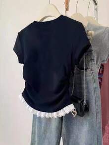 Resyla New Lace Trim Short Sleeve Casual Fitted Waist Top For Women - Navy Blue - View 2