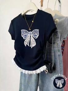 Resyla New Lace Trim Short Sleeve Casual Fitted Waist Top For Women - Navy Blue - View 1