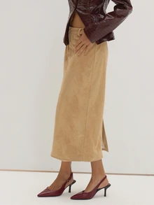 MUSEYN Beige Suede Low Waist Belt Loop Maxi Skirt Luxury Soft Premium Date Night Office Fall New Season Capsule Wardrobe - Yellow - View 5