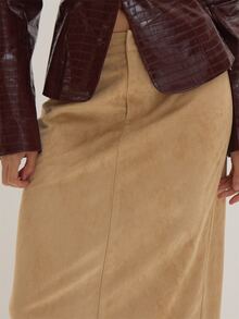 MUSEYN Beige Suede Low Waist Belt Loop Maxi Skirt Luxury Soft Premium Date Night Office Fall New Season Capsule Wardrobe - Yellow - View 4