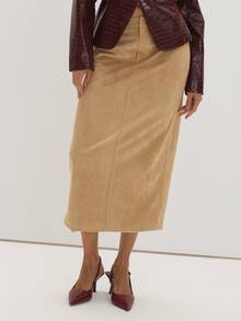 MUSEYN Beige Suede Low Waist Belt Loop Maxi Skirt Luxury Soft Premium Date Night Office Fall New Season Capsule Wardrobe - Yellow - View 3