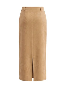 MUSEYN Beige Suede Low Waist Belt Loop Maxi Skirt Luxury Soft Premium Date Night Office Fall New Season Capsule Wardrobe - Yellow - View 2