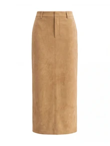 MUSEYN Beige Suede Low Waist Belt Loop Maxi Skirt Luxury Soft Premium Date Night Office Fall New Season Capsule Wardrobe - Yellow - View 1
