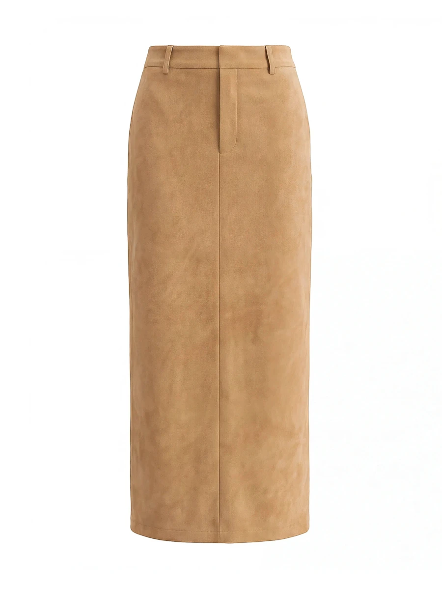 MUSEYN Beige Suede Low Waist Belt Loop Maxi Skirt Luxury Soft Premium Date Night Office Fall New Season Capsule Wardrobe - Yellow - View 1