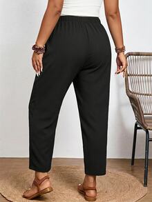SHEIN Frenchy Plus Size Textured Fabric Black Solid Color Casual Pants, Elastic Waistband, Slanted Pockets Fall - Black - View 5
