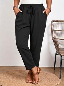SHEIN Frenchy Plus Size Textured Fabric Black Solid Color Casual Pants, Elastic Waistband, Slanted Pockets Fall - Black - View 4