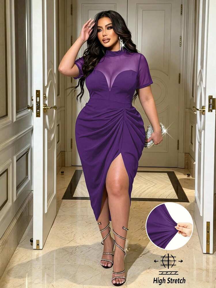 NU&NOW Women's Spring Summer Sexy Elegant Dating Brunch Evening Cocktail Wedding Party Dark Purple Patchwork Mesh Sheer Bodycon Midi Dress - Purple - View 1