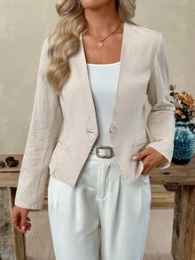 EMERY ROSE Women's Solid Color Single Button Casual Commuter Travel Blazer , Autumn Fall Winter - Khaki - View 7
