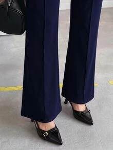 Editum 女款純色金屬鈕扣裝飾彈性直筒長褲 工作辦公 海軍藍 秋季 商務休閒 優雅 - 藏蓝色 - 查看 5
