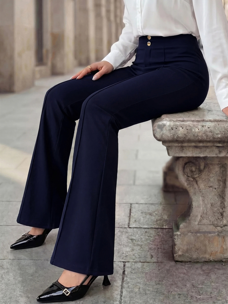 Editum Women's Solid Color Metal Button Decor Stretch Straight Leg Pants Work Office Navy Blue Autumn Business Casual Elegant - Navy Blue - View 3