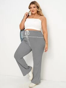 SHEIN Plus Size Pregnant Women Black Drawstring Waist Casual Versatile Flare Pants For Daily Wear Maternity Photoshoot Spring - Black and White - View 8