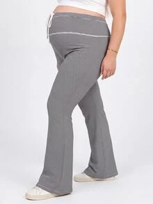 SHEIN Plus Size Pregnant Women Black Drawstring Waist Casual Versatile Flare Pants For Daily Wear Maternity Photoshoot Spring - Black and White - View 4