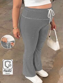 SHEIN Plus Size Pregnant Women Black Drawstring Waist Casual Versatile Flare Pants For Daily Wear Maternity Photoshoot Spring - Black and White - View 1