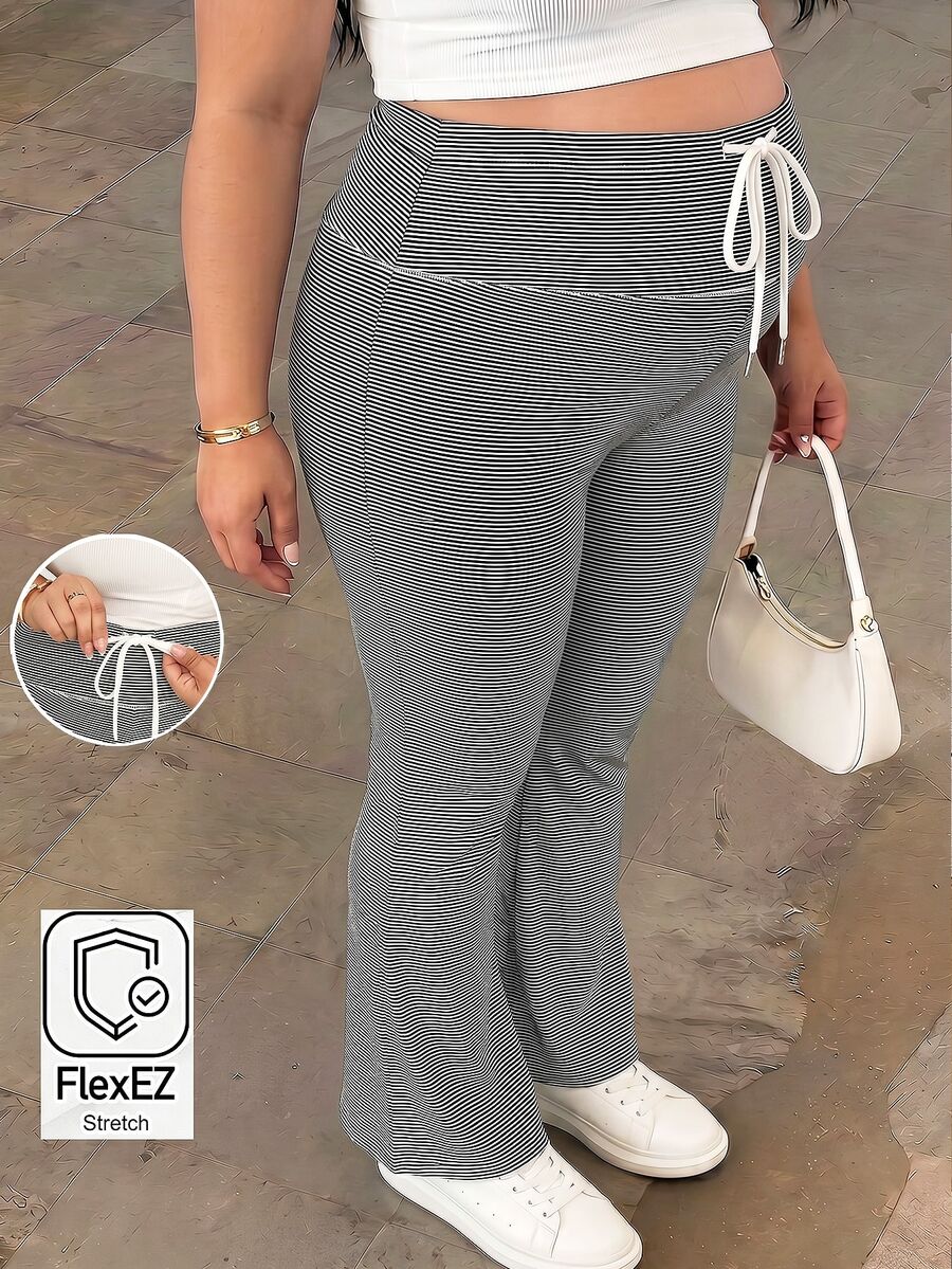 SHEIN Plus Size Pregnant Women Black Drawstring Waist Casual Versatile Flare Pants For Daily Wear Maternity Photoshoot Spring - Black and White - View 1