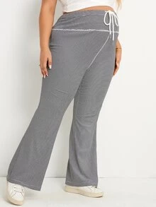 SHEIN Plus Size Pregnant Women Black Drawstring Waist Casual Versatile Flare Pants For Daily Wear Maternity Photoshoot Spring - Black and White - View 6