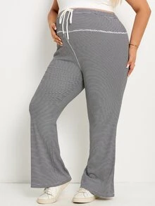 SHEIN Plus Size Pregnant Women Black Drawstring Waist Casual Versatile Flare Pants For Daily Wear Maternity Photoshoot Spring - Black and White - View 7
