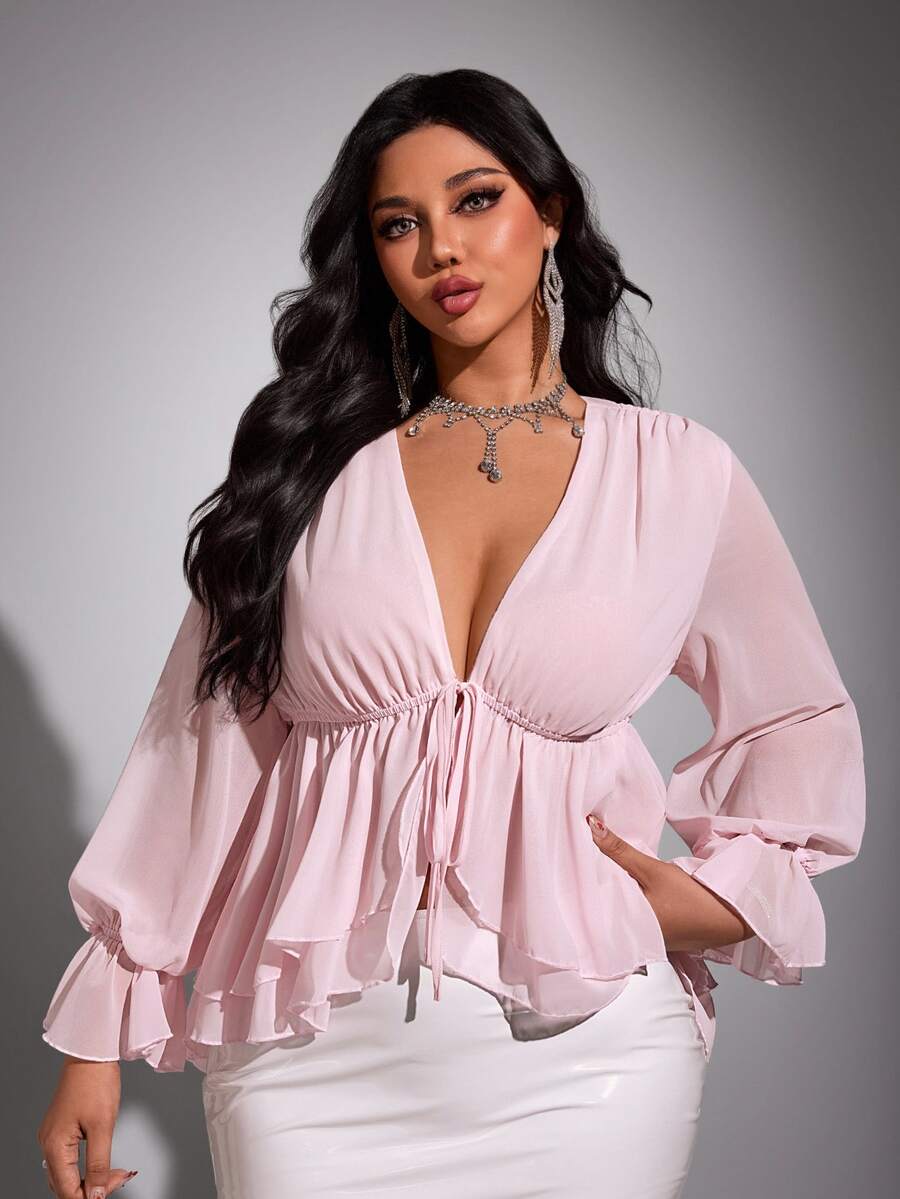 Viva Relle Plus-Size New Year Sexy Solid Color Deep V-Neck Ruffled Hem Sash Long-Sleeve Valentine's Day Shirt Fall - Pink - View 1