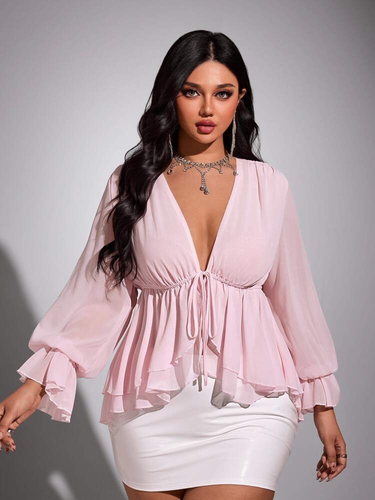 Viva Relle Plus-Size New Year Sexy Solid Color Deep V-Neck Ruffled Hem Sash Long-Sleeve Valentine's Day Shirt Fall - Pink - View 4