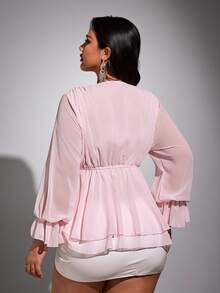 Viva Relle Plus-Size New Year Sexy Solid Color Deep V-Neck Ruffled Hem Sash Long-Sleeve Valentine's Day Shirt Fall - Pink - View 6