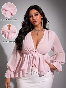 Viva Relle Plus-Size New Year Sexy Solid Color Deep V-Neck Ruffled Hem Sash Long-Sleeve Valentine's Day Shirt Fall - Pink - View 7