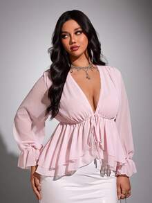 Viva Relle Plus-Size New Year Sexy Solid Color Deep V-Neck Ruffled Hem Sash Long-Sleeve Valentine's Day Shirt Fall - Pink - View 5